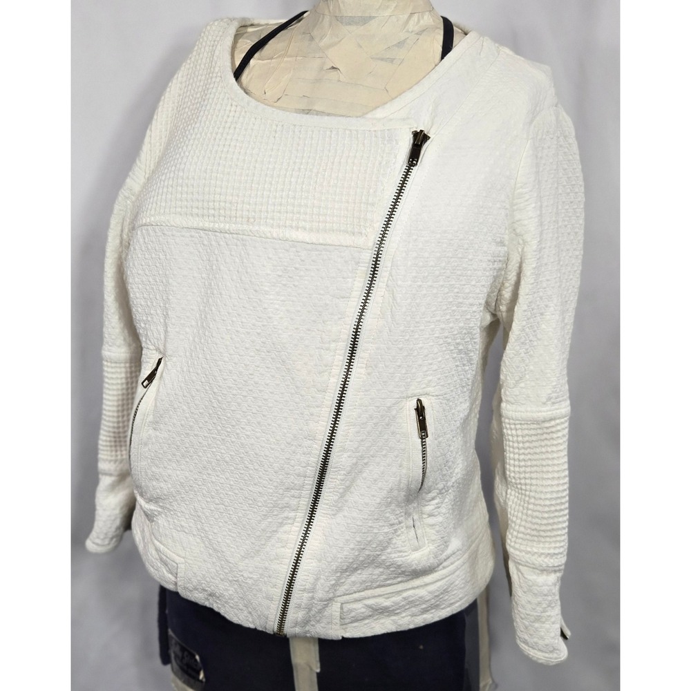 Sanctuary Clothing White Moto Jacket‎ M Textured Cotton Blend Zip Up Asym Waffle